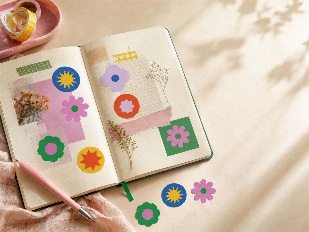SHANLE LAB sticker journal spread with colorful layers and a pen