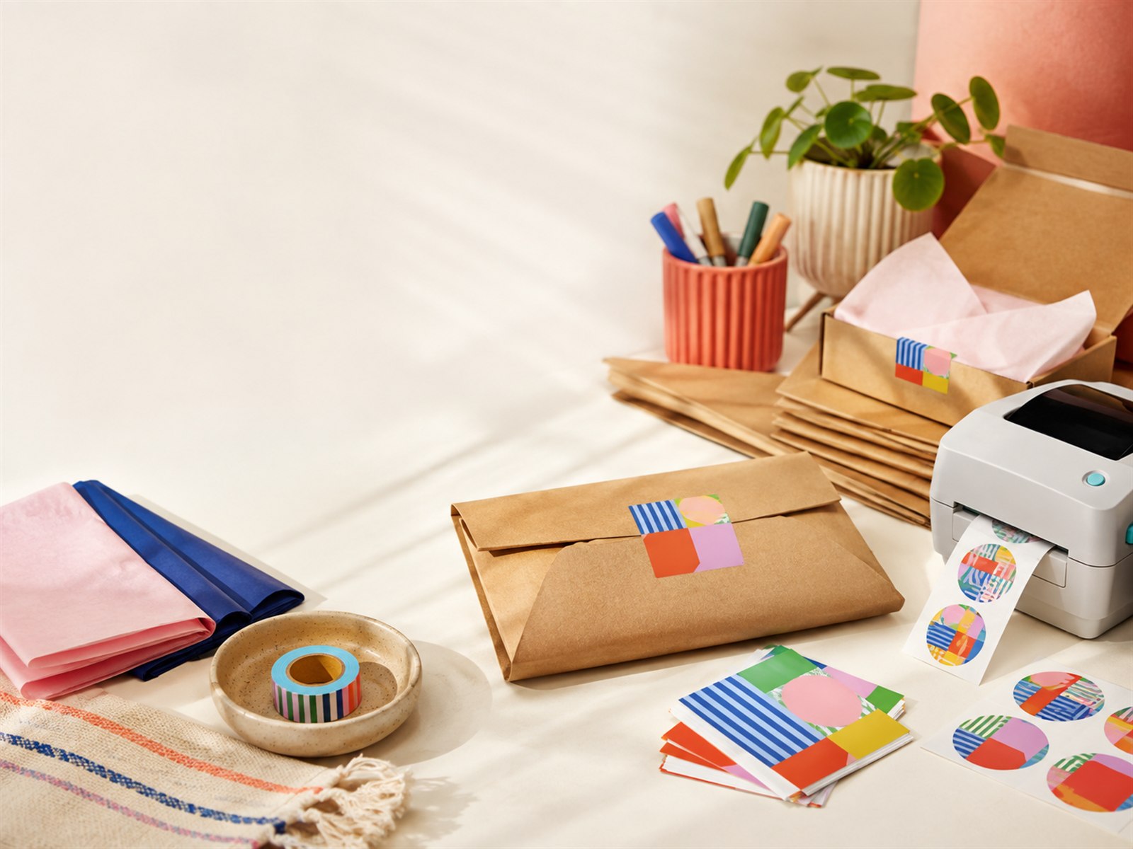 Colorful sticker-sealed parcel and thank-you card on a small business packing table