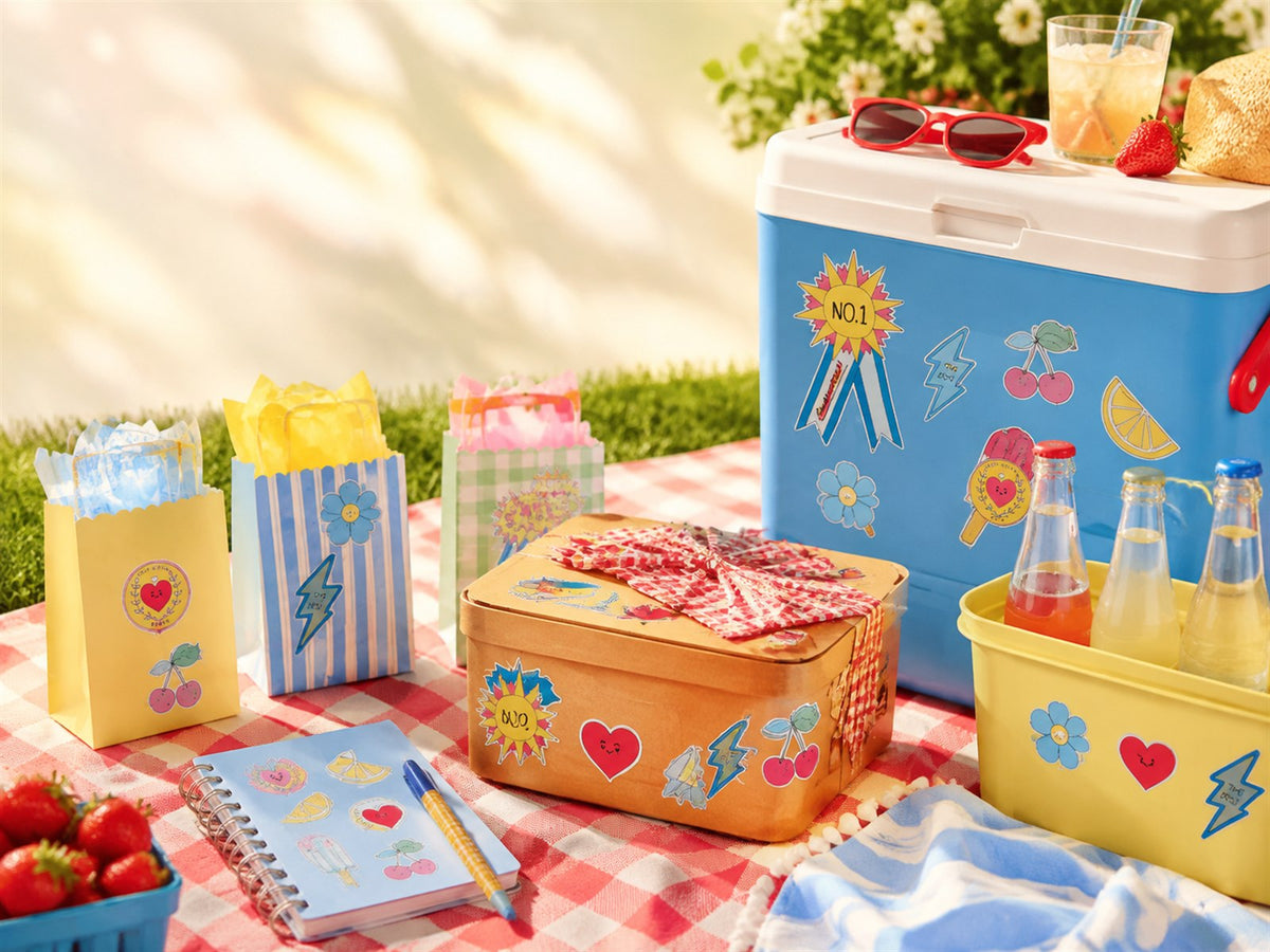 Colorful SHANLE LAB stickers on a cooler, picnic box, and summer party favors