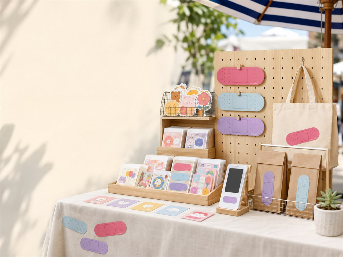 Small business pop-up table with sticker-sealed orders and colorful display cards