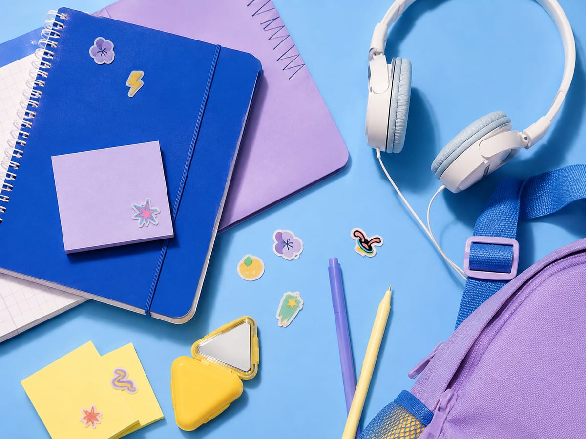 A SHANLE LAB pimple patch kit beside a colorful notebook, school bag, and playful desk supplies