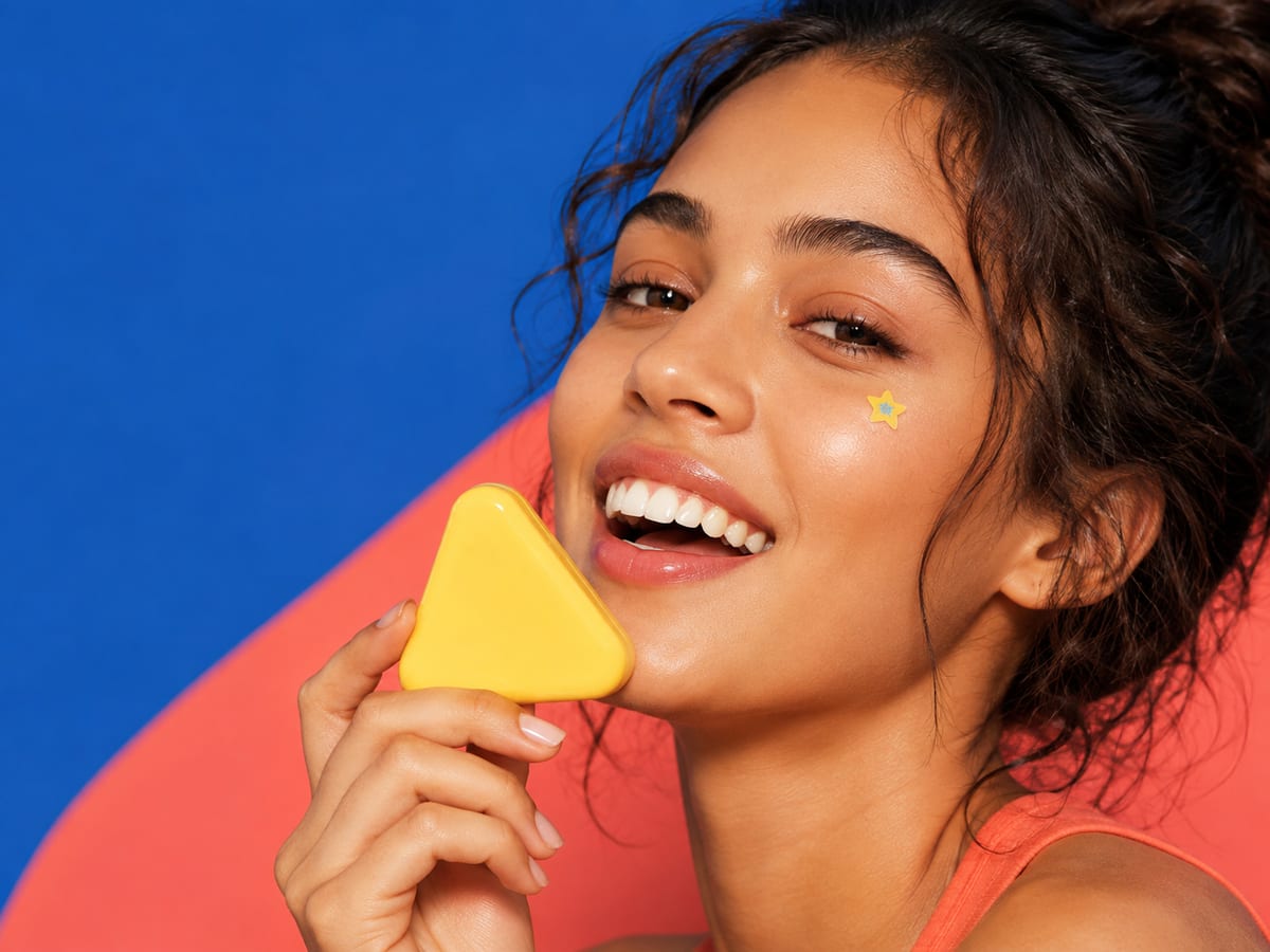 A close-up beauty portrait with a colorful SHANLE LAB pimple patch, mirror case, and bracelet