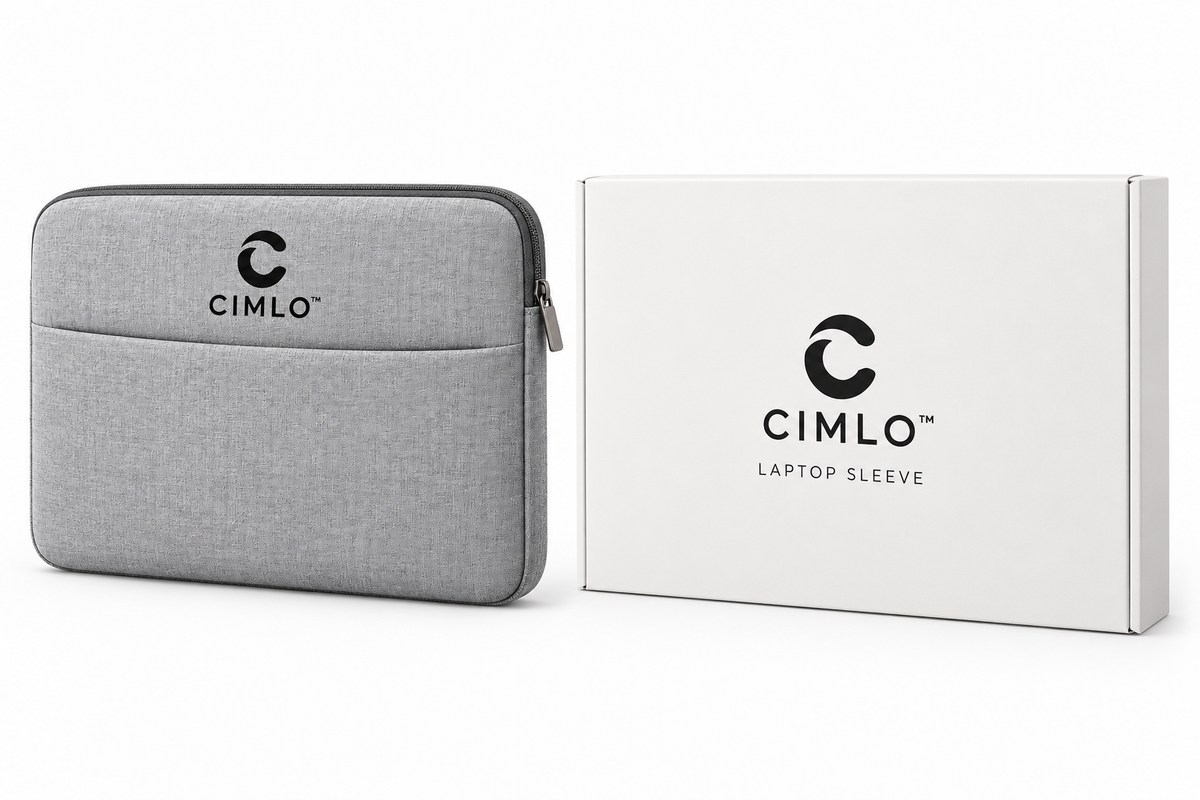 CIMLO light grey laptop sleeve beside its white branded box