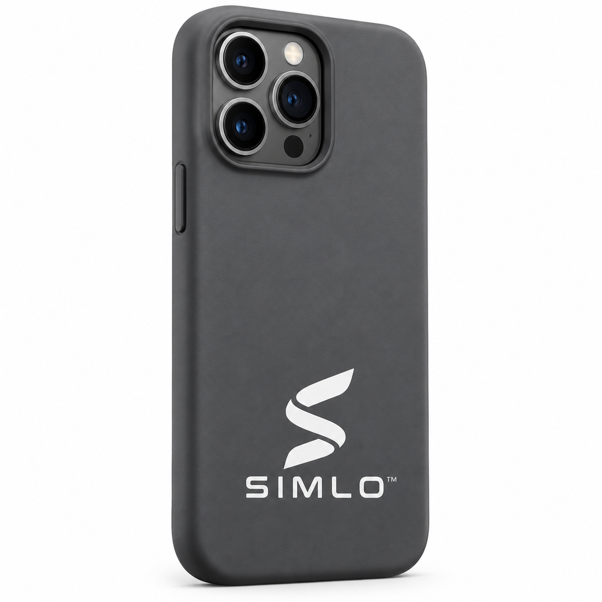 Charcoal SIMLO phone case with white logo, shown from the back on a white background