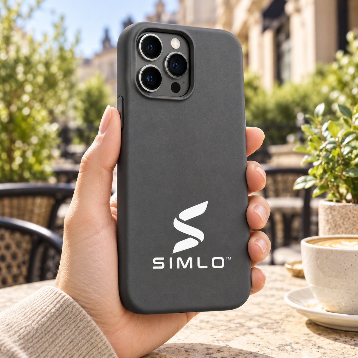 SIMLO charcoal phone case photographed outdoors