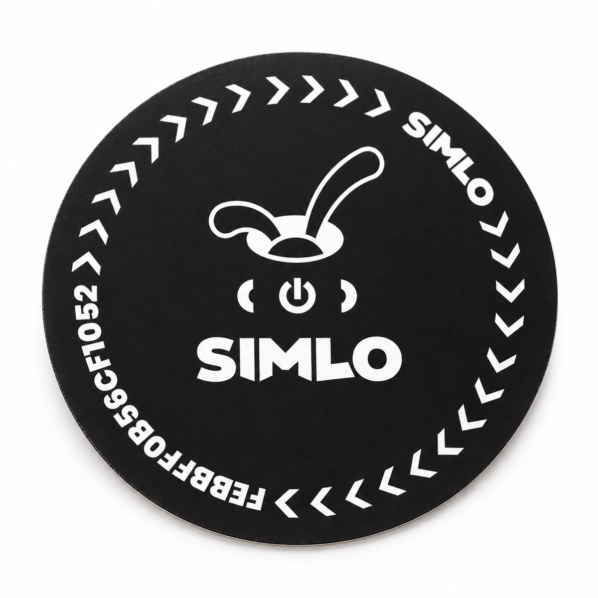 Black circular TAGGY Sticker wireless tracker with the white SIMLO rabbit logo on a white background