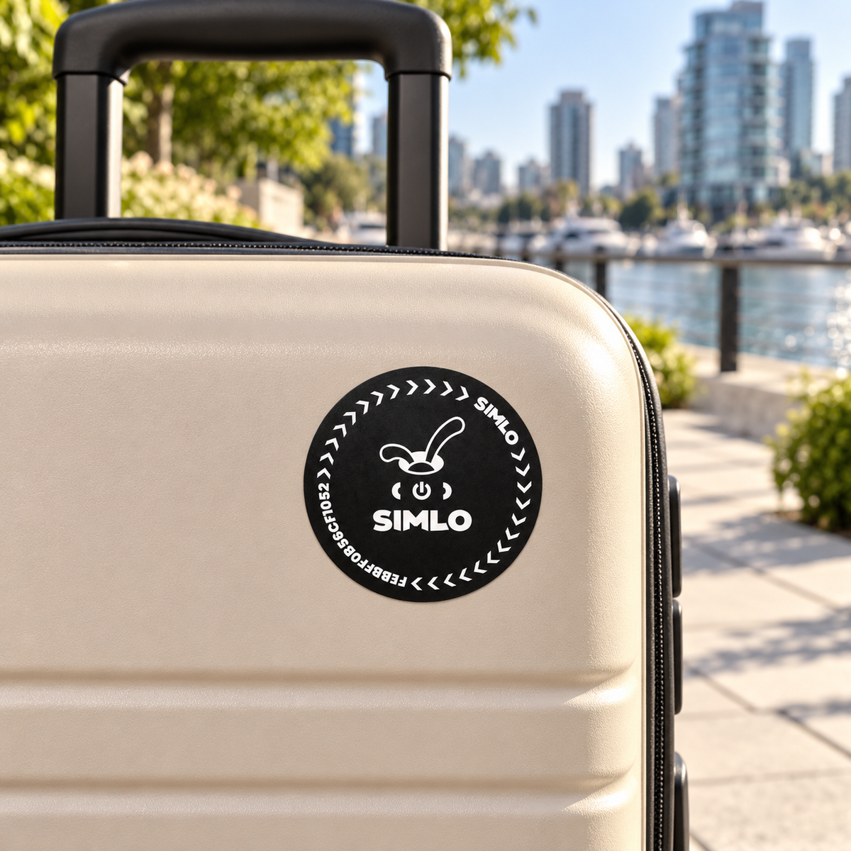 Black SIMLO TAGGY Sticker wireless tracker attached to a beige suitcase outdoors